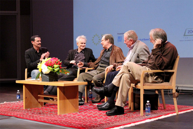 Reed Johnson (moderator) with, from left, filmmakers Thom Andersen and William Friedkin and film critics Richard Schickel and Kenneth Turan