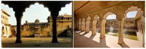 Nagaur Fort Interiors, before and after conservation. Left image, courtesy of the Ahhichatragarh-Nagaur Fort, Mehrangarh Museum Trust . Image on right, by Neil Greentree.