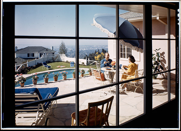 View to patio and swimming pool, Mr. and Mrs. Jack Moss residence, Pacific Palisades, c. 1944