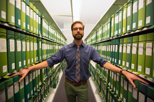 Nathaniel Deines in the Library at the Getty Research Institute