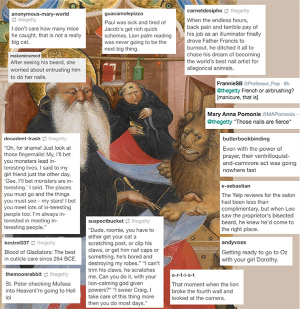 Screengrab of ThyCaptionBe example showing detail of illuminated manuscripts and captions from social media users