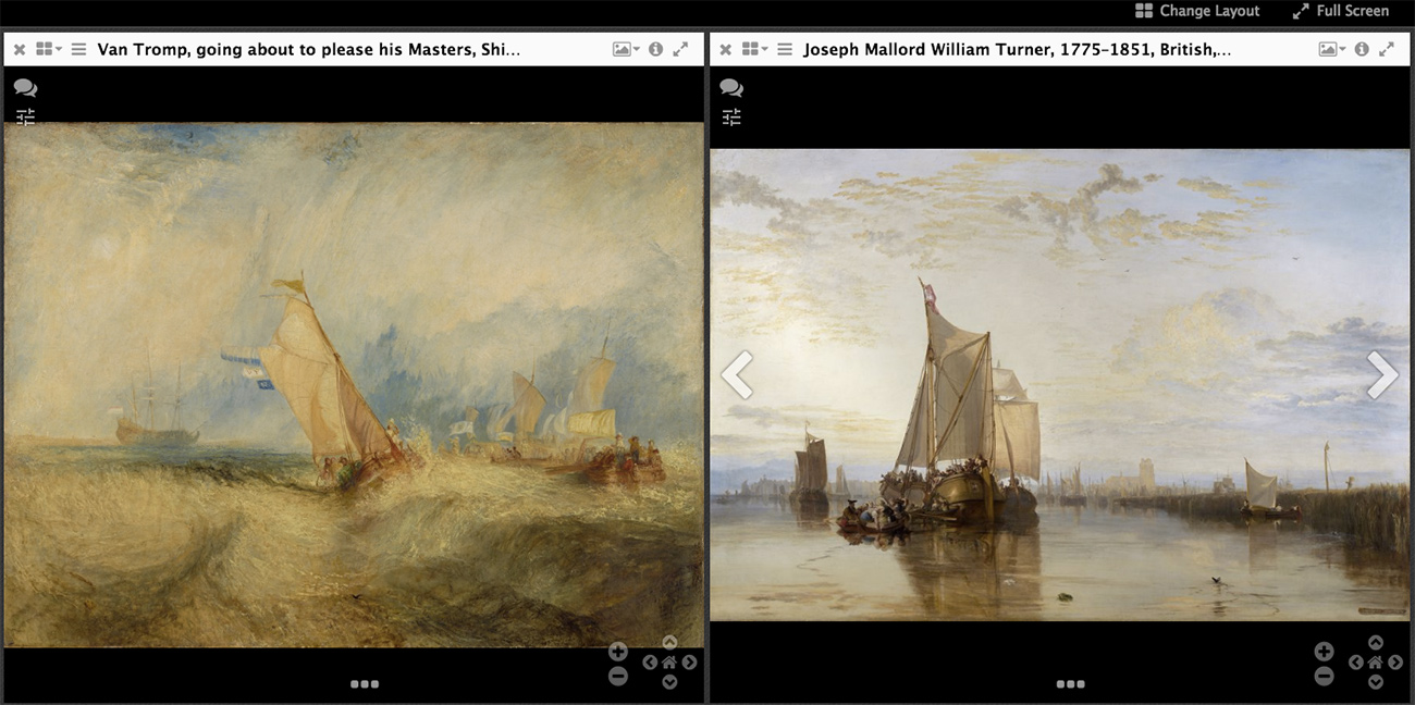 Screen capture showing details of two marine scenes by JWM Turner, one from the Getty Museum and one from the Yale Center for British Art