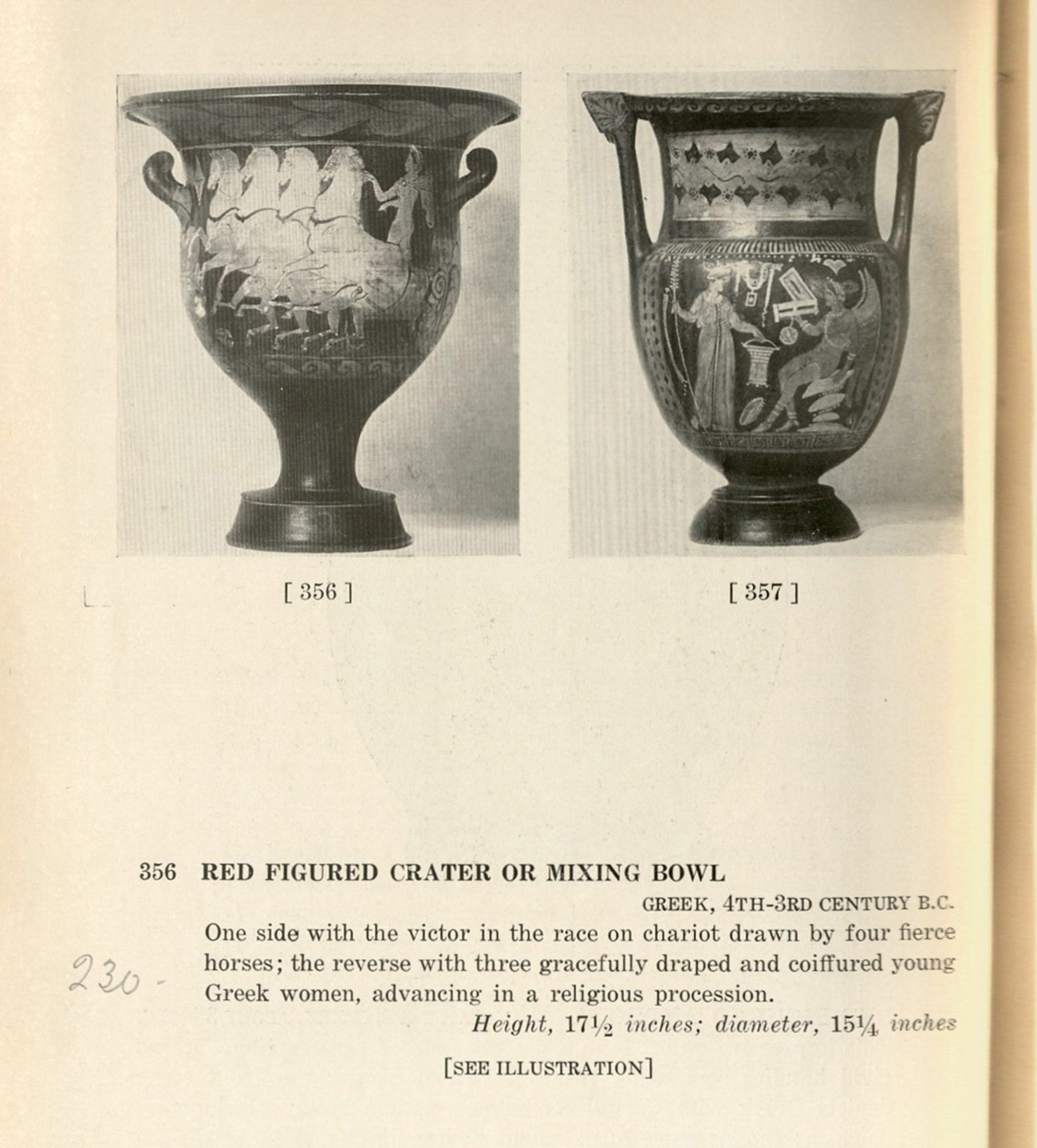 Scan of a page from a 1925 auction catalog showing the front and back of an ancient Greek vase