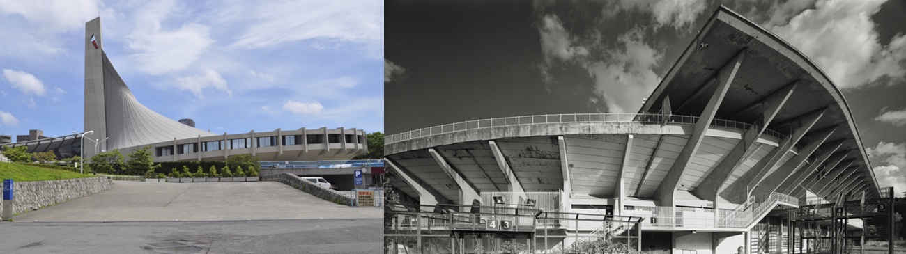 Wide-angle views of two modern concrete sports stadia in Japan and Italy