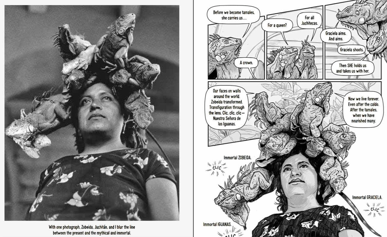 The photograph by Graciela Iturbide and how Zeke illustrated the image for Photographic: The Life of Graciela Iturbide.