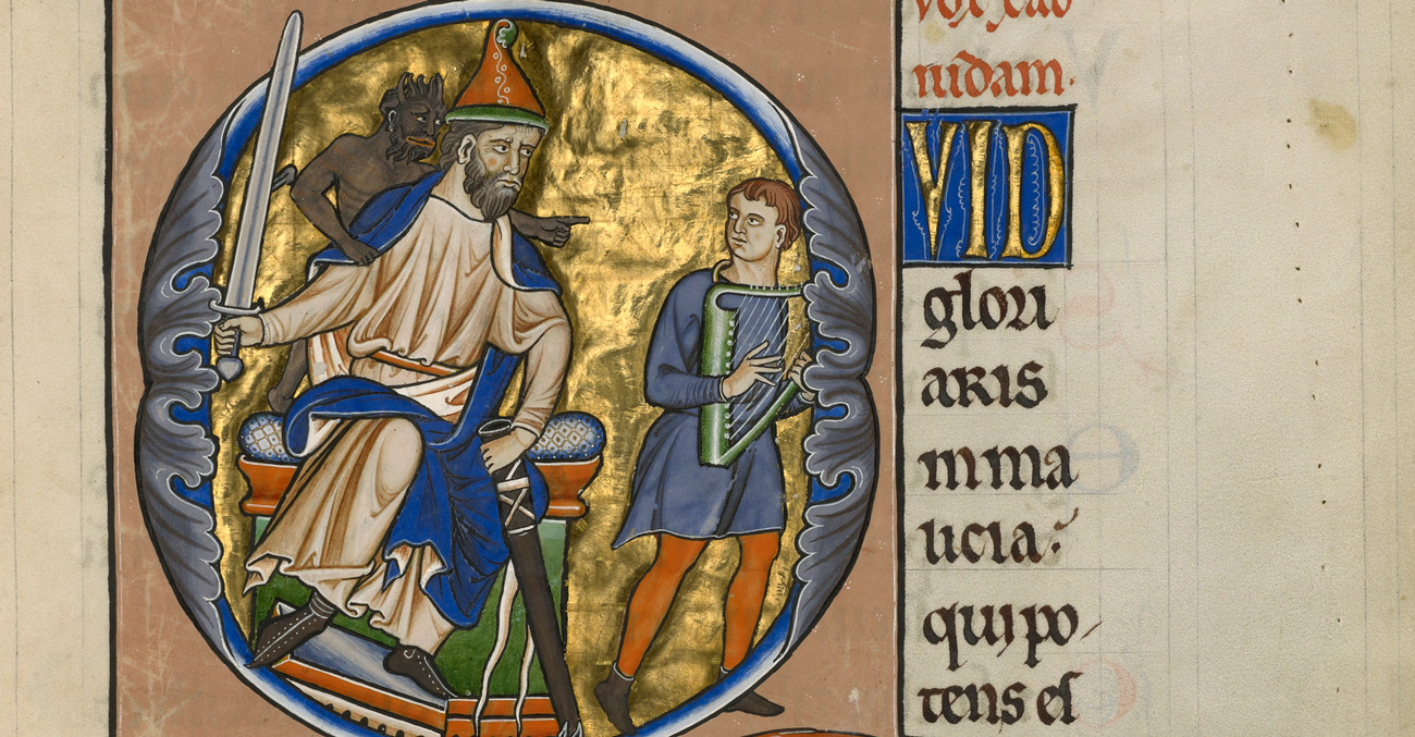 Detail image of an illuminated manuscript showing, within the letter Q, surrounded by gold leaf, a robed man wielding a sword on a throne with a demon over his back pointing at a man walking away with a harp.