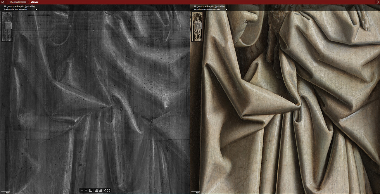 John the Baptist in grisaille detail folds X-ray and photo.