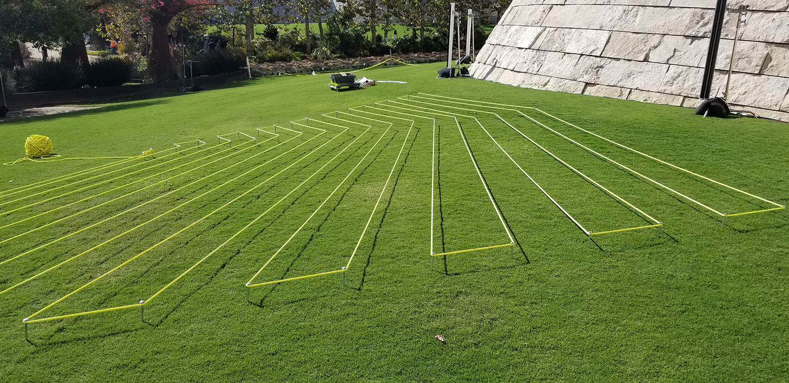 View of lines of bright yellow rope arrayed in parallel lines on a large lawn