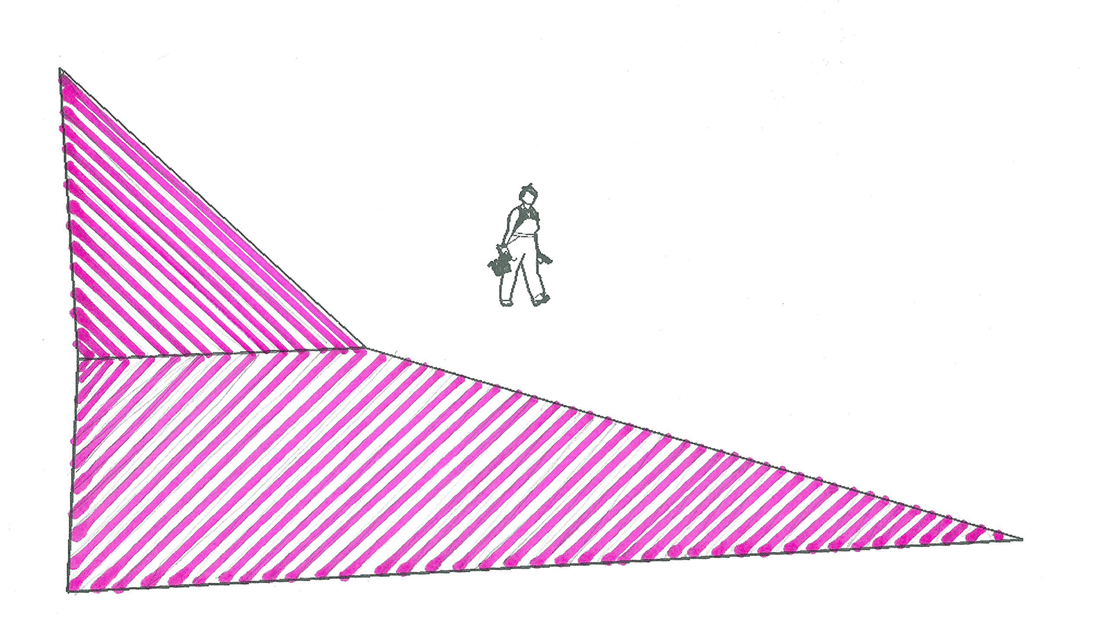 Sketch of a person walking in space alongside a large geometric shape composed of pink lines