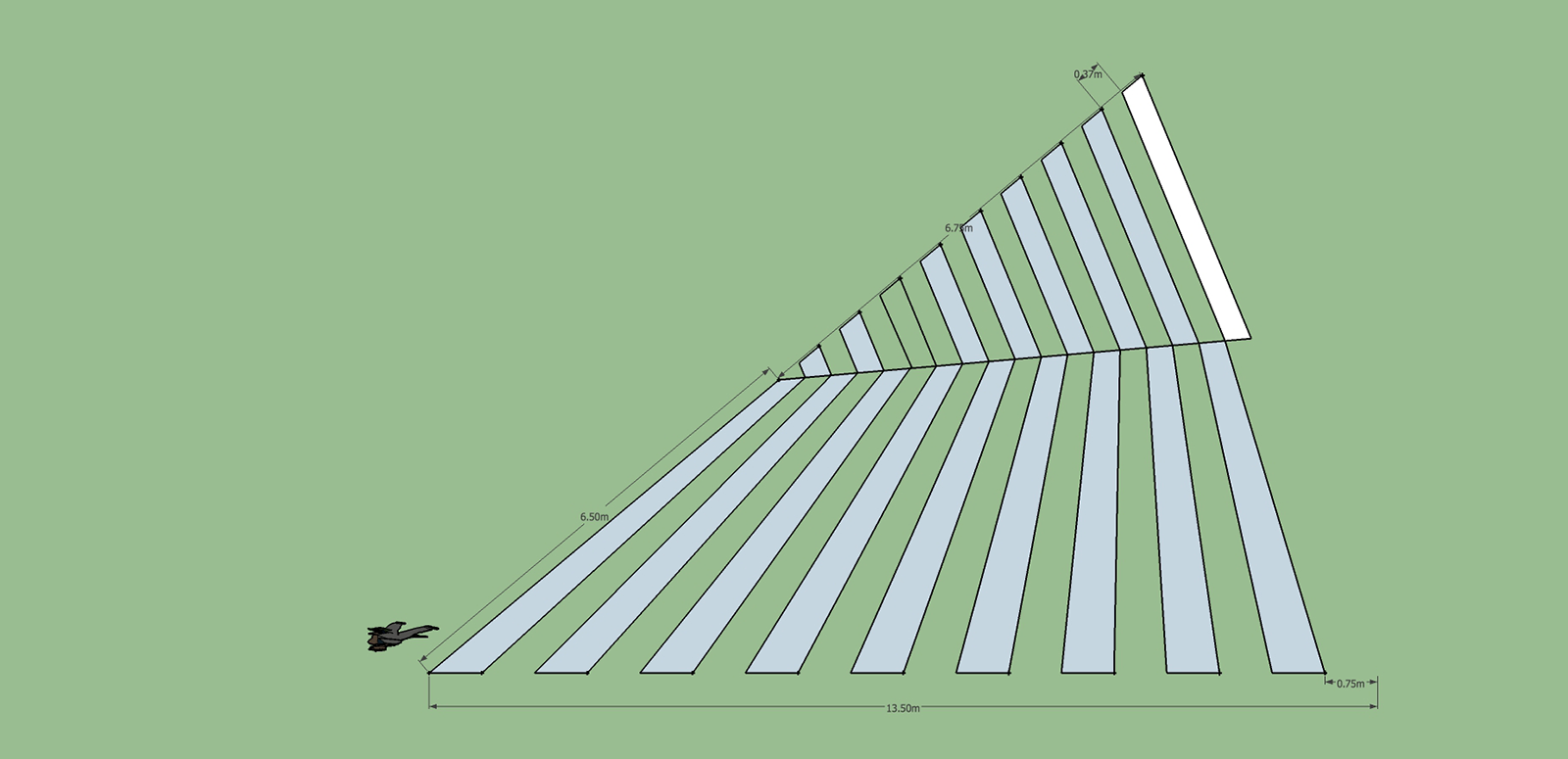 Diagram of a person walking in space on a large green field, alongside a massive triangle delineated by two blocks of parallel lines