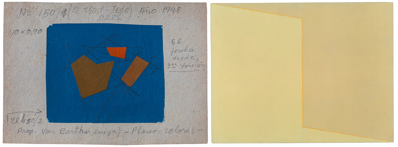 Two geometrical artworks side by side: one showing brown geometric forms on a blue rectangle, the other showing a pale yellow painting with a seam down the center