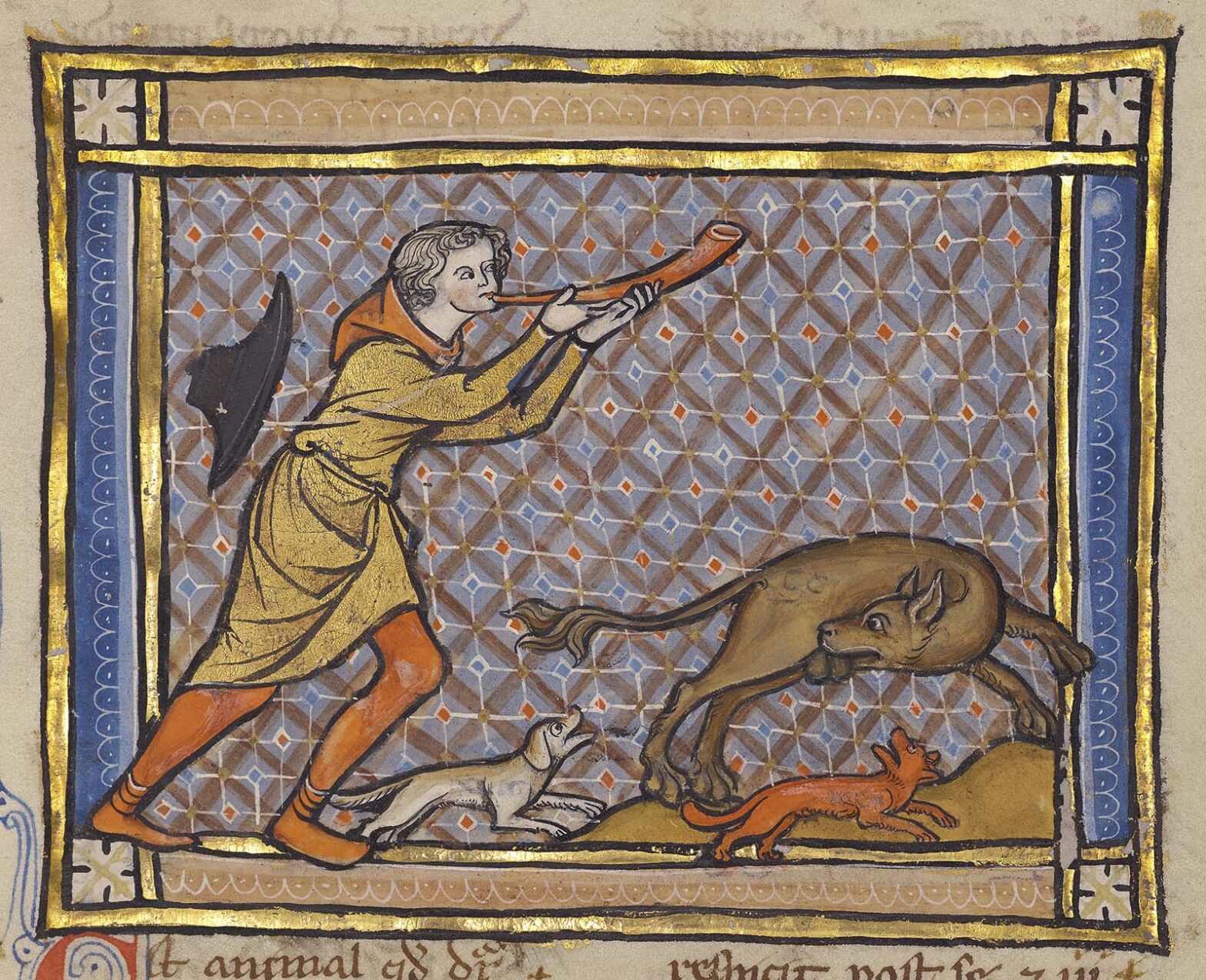 On the left, a hunter blows an orange horn while chasing a brown beaver—which looks more akin to a dog with a broom-like tail—that is in the act of biting off his testicles.