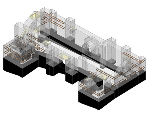 Computer renderings of a cathedral showing reinforcements in the walls.