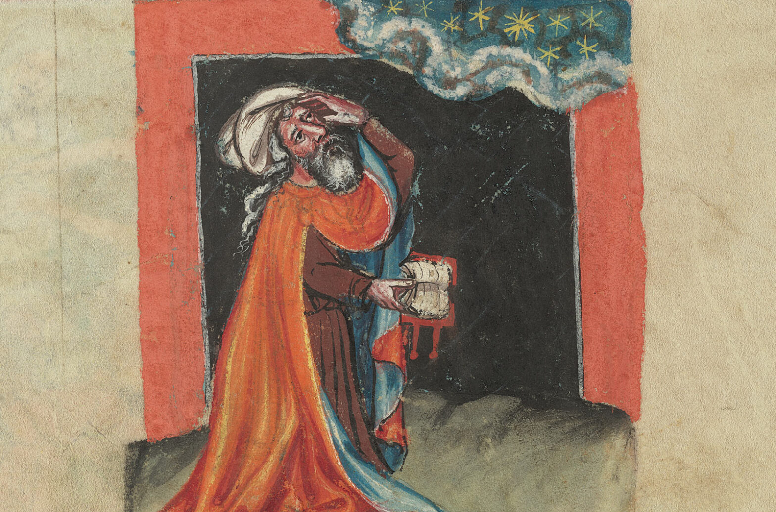 A bearded man wearing a white turban and orange cloak lined with blue holds his left hand to his head and a book in his right hand while he peers up at the sky.