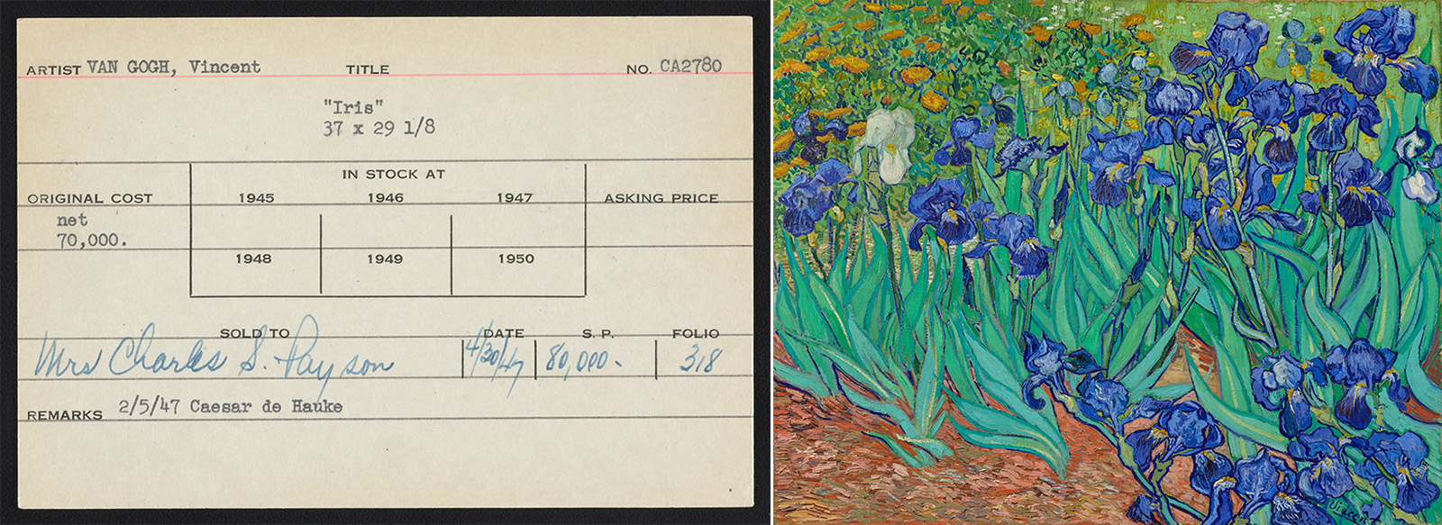 Left: index card for Van Gogh's Iris [sic], $80,000, 4-30-47. Right: Irises