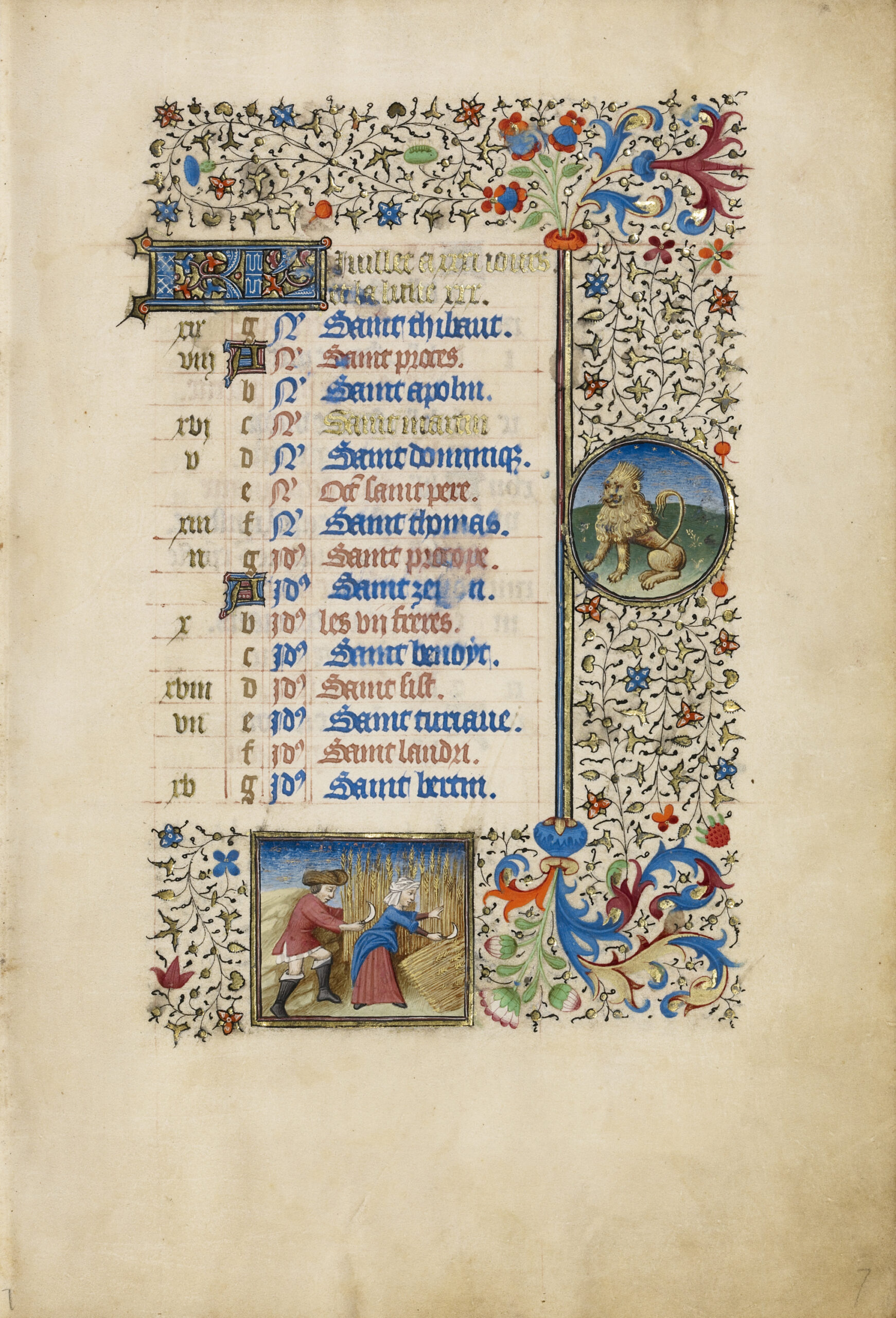 A list of Saints' days, with lines alternating blue and red text, is surrounded on three sides (top, right, and bottom) by a floral border with vines and other flowers. Within the border are two small paintings: one of a lion in a circular frame to the right of the text and the second of a man and a woman reaping wheat in a square frame at the bottom.