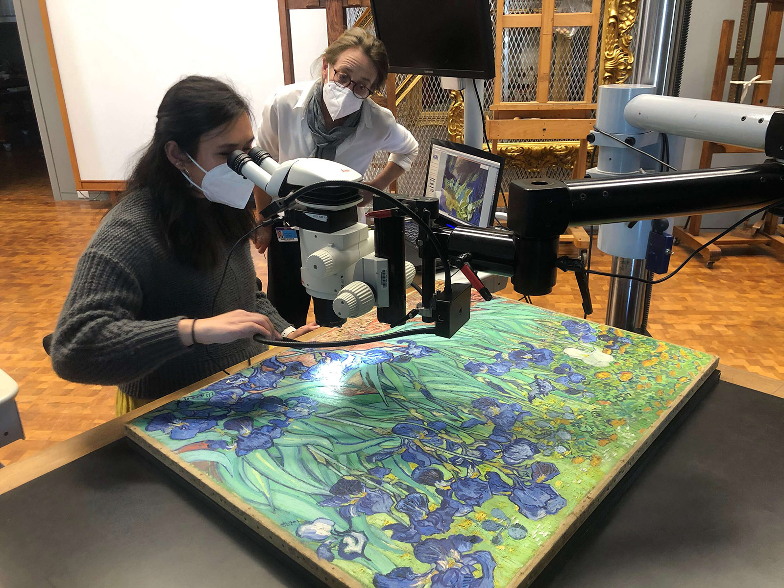 a woman looks at Van Gogh’s unframed Irises painting through a stereo-microscope