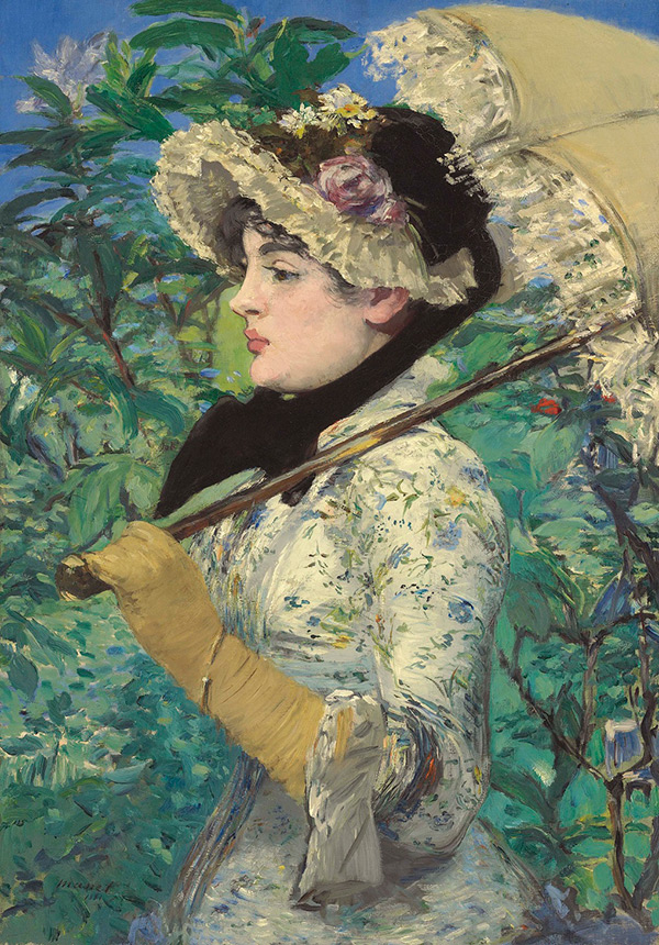 Painting of a young woman looking to the left, wearing a floral dress and carrying a parasol. Lush green plant filled background.