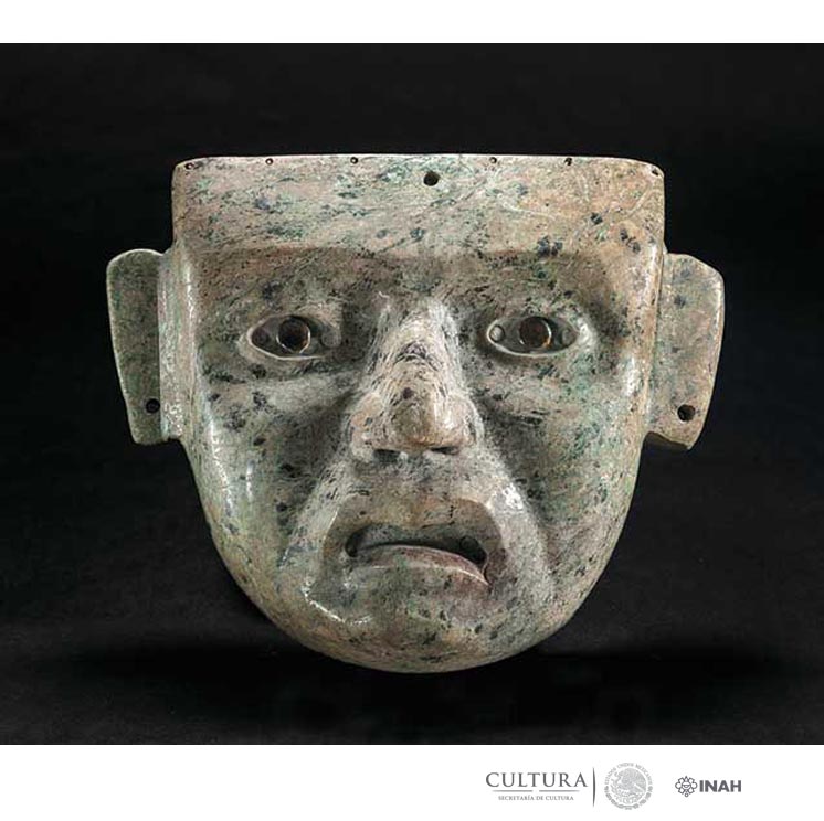 Mask, AD 1649–81, Mexica. Greenstone, obsidian, 8 ¼ x 9 5/8 x 3 ¾ in. Mask, AD 1649–81, Mexica. Greenstone, obsidian, 8 ¼ x 9 5/8 x 3 ¾ in.