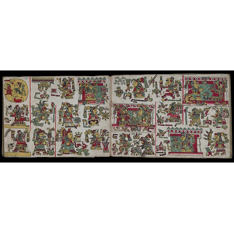 Codex Zouche-Nuttall, Pages 26 and 27, AD 1350 (reverse), AD 1450 (obverse), Mixtec (Nudzavui). Deer skin, gesso, pigment, Open: L: 448 13⁄16 in., Closed: 7 1⁄2 × 9 1⁄4 in. Codex Zouche-Nuttall, Pages 26 and 27, AD 1350 (reverse), AD 1450 (obverse), Mixtec (Nudzavui). Deer skin, gesso, pigment, Open: L: 448 13⁄16 in., Closed: 7 1⁄2 × 9 1⁄4 in.