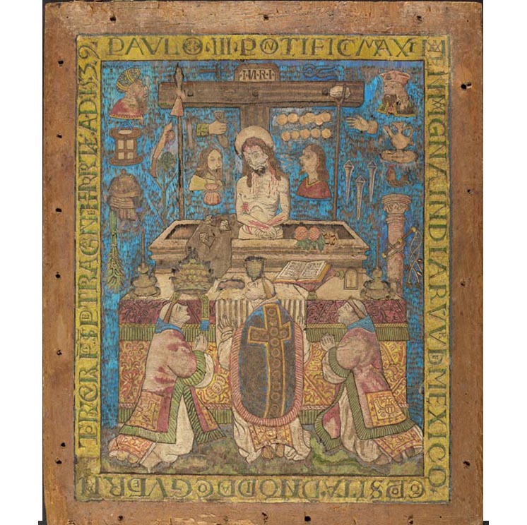 <em>Mass of Saint Gregory</em>, 1539, Nahua. Feathers, wood, paint, 26 3/4 × 22 1/16 × 7/8 in. Mass of Saint Gregory, 1539, Nahua. Feathers, wood, paint, 26 3/4 × 22 1/16 × 7/8 in.