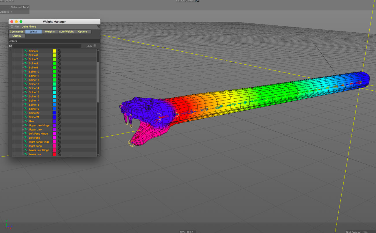 A view of CGI software showing a snake with a mouth open showing fangs. The snake is completely straight and brightly rainbow colored.