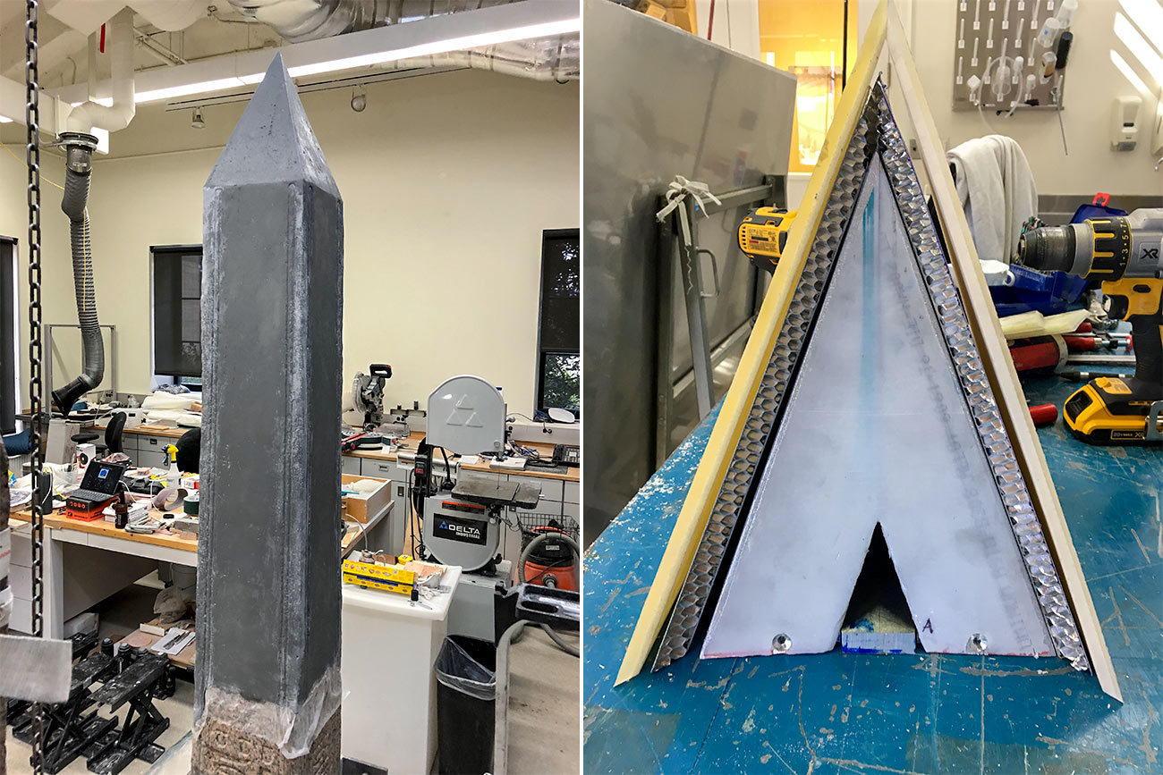The obelisk frame has been covered with a more stone-like resin. A view inside the top pyramidion shows layers of wood and metal.