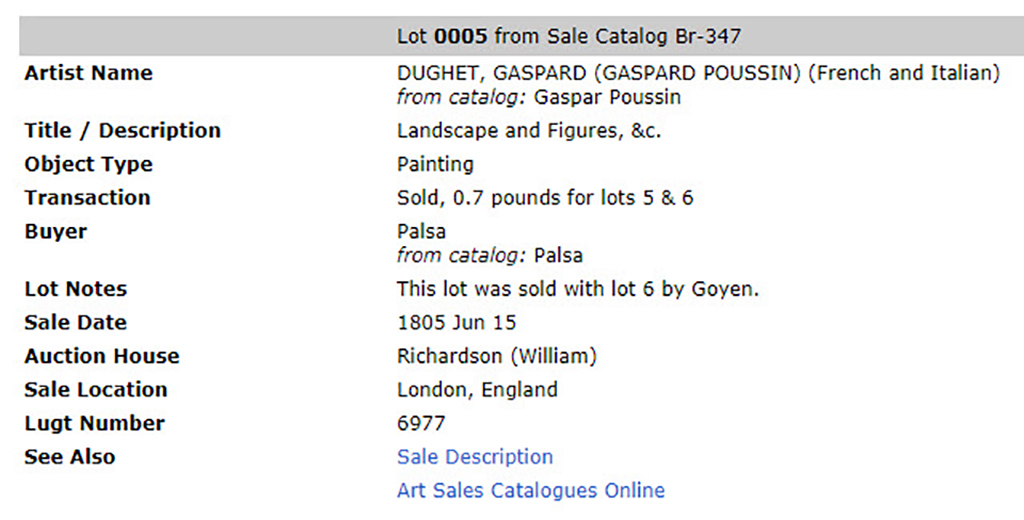 At top: Lot 0005 from Sale Catalog Br-347. Artist Name: Dughet, Gaspard (Gaspard Poussin) (French and Italian), from catalog: Gaspar Poussin; Title / Description: Landscape and Figures, &c.; Object Type: Painting; Transaction: Sold, 0.7 pounds for lots 5 & 6; Buyer: Palsa, from catalog: Palsa; Lot Notes: This lot was sold with lot 6 by Goyen.; Sale Date: 1805 Jun 15; Auction House: Richardson (William); Sale Location: London, England; Lugt Number: 6977; See Also: Sale Description [hyperlinked]; Art Sales Catalogues Online [hyperlinked]