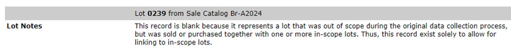 Catalog entry for Lot 0239 from Sale Catalog Br-a2024. Lot notes read: "This record is blank because it represents a lot that was out of scope during the original data collection process, but was sold or purchased together with one or more in-scope lots. Thus, this record exist [sic] solely to allow for linking to in-scope lots."
