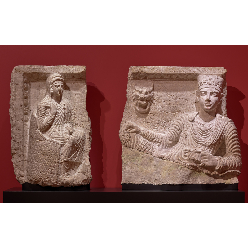 Malku and His Wife Banqueting, 146 - 147 C.E., Palmyran. Hard greyish limestone, 29 1/2 × 31 7/8 × 5 5/16 in. Ny Carlsberg Glyptotek, Copenhagen