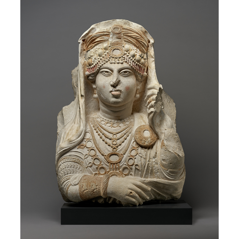 The Beauty of Palmyra, 190 - 210 C.E., Palmyran. Hard white limestone with traces of color, 21 5/8 × 15 15/16 × 5 11/16 in. Ny Carlsberg Glyptotek, Copenhagen