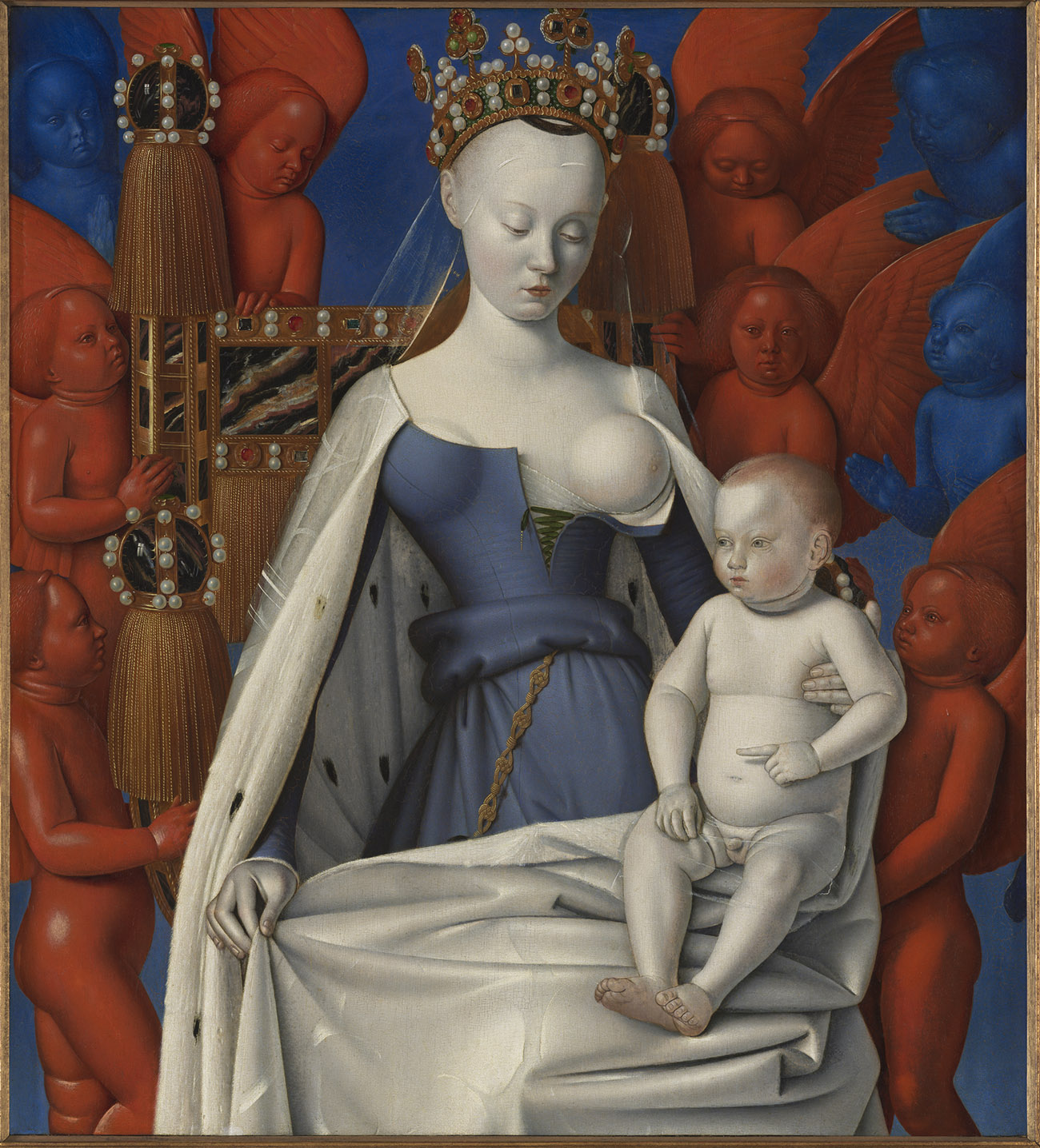 A very pale Virgin Mary with one breast exposed holding an infant Jesus.