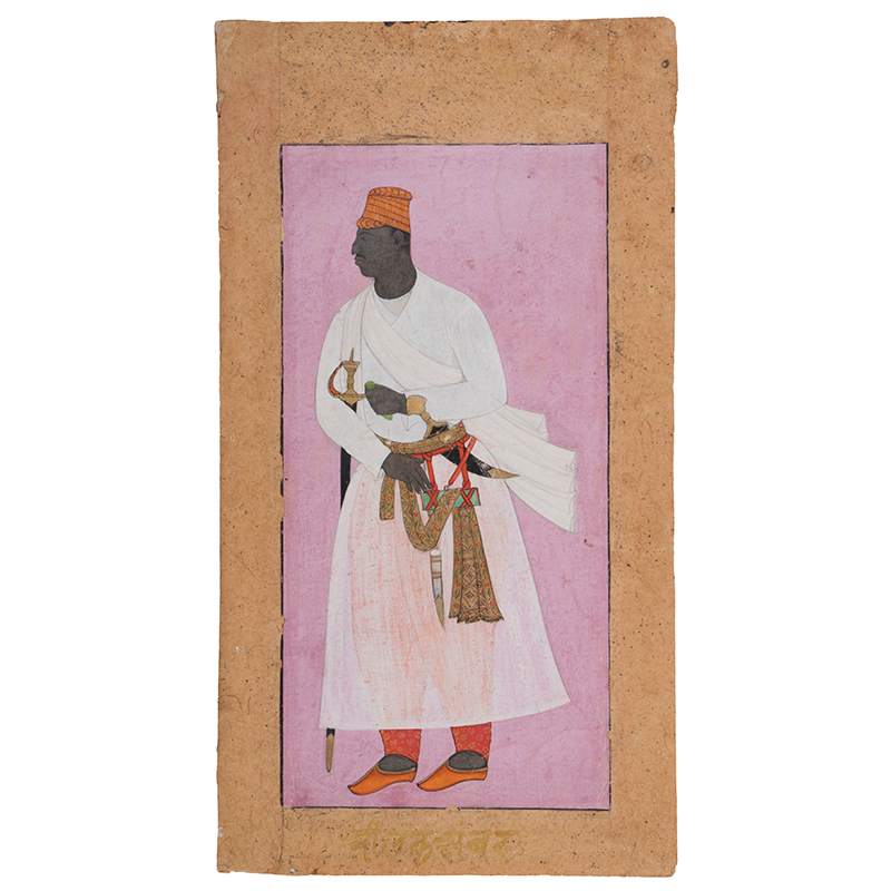 A portrait of an African nobleman, about AD 1605–10, Ahmadnagar, Deccan, India. Gouache and gold on paper, Height: 20.5 cm, Width: 10 cm. National Museum, New Delhi, 50.14/8 A portrait of an African nobleman, about AD 1605–10, Ahmadnagar, Deccan, India. Gouache and gold on paper, Height: 20.5 cm, Width: 10 cm. National Museum, New Delhi, 50.14/8