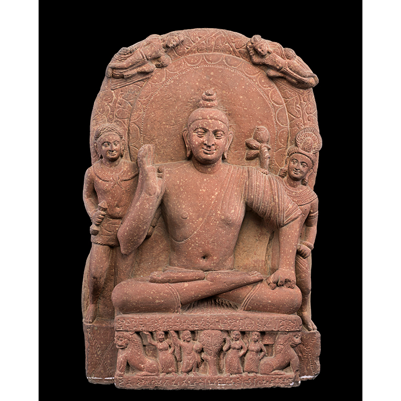 Buddhist triad from Mathura, Kushan, probably AD 159–60, Ahichhatra, Uttar Pradesh, India. Red sandstone, Height: 77 cm, Width: 47 cm, Depth: 12 cm. National Museum, New Delhi, L.55.25 Buddhist triad from Mathura, Kushan, probably AD 159–60, Ahichhatra, Uttar Pradesh, India. Red sandstone, Height: 77 cm, Width: 47 cm, Depth: 12 cm. National Museum, New Delhi, L.55.25