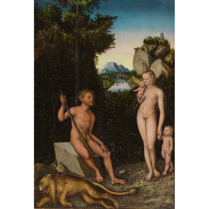 A Faun and His Family with a Slain Lion, about 1526, Lucas Cranach the Elder. Oil on panel, 32 5/8 × 22 1/8 in. The J. Paul Getty Museum, 2003.100