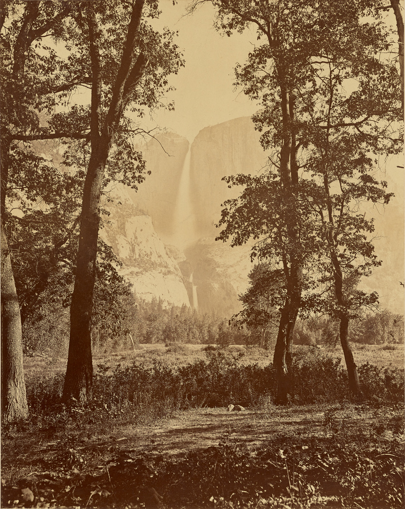 [Yosemite Falls from Below], negative 1865 - 1866; print about 1867, Carleton Watkins. Albumen silver print, 20 3/4 × 16 1/2 in. The J. Paul Getty Museum, 84.XM.493.21. Digital image courtesy of the Getty's Open Content Program