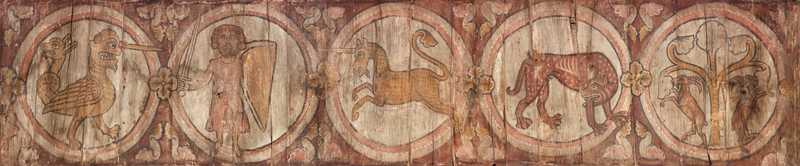 Two Panels from a Painted Ceiling, about 1240–1275, French. Wood, 3 × 14 ft. Musée de La Cour d'Or—Metz Métropole, Metz, Inv. 8353, 13-22. Image © Laurianne Kieffer - Musée de La Cour d'Or - Metz Métropole Two Panels from a Painted Ceiling, about 1240–1275, French. Wood, 3 × 14 ft. Musée de La Cour d'Or—Metz Métropole, Metz, Inv. 8353, 13-22. Image © Laurianne Kieffer - Musée de La Cour d'Or - Metz Métropole