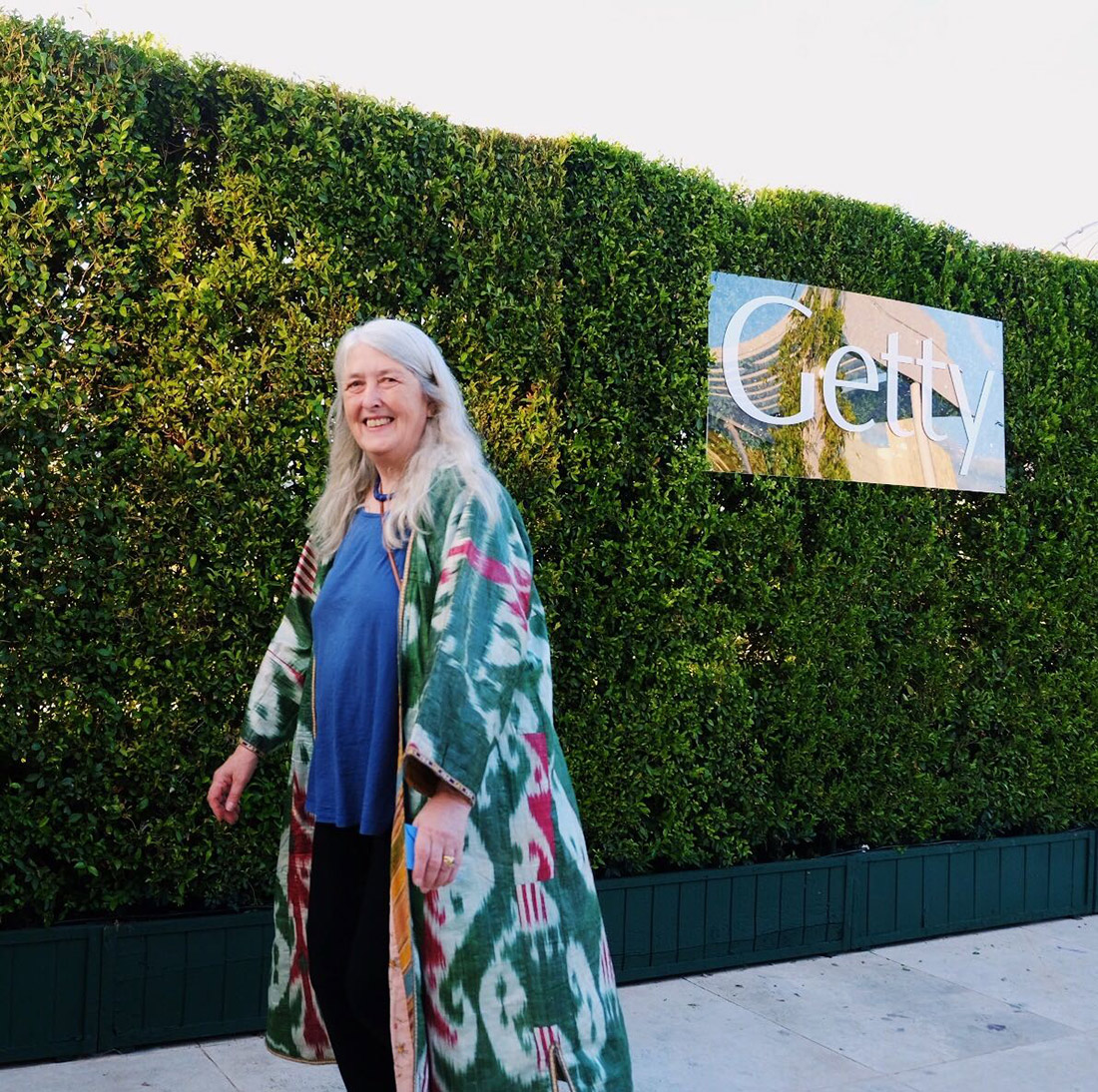Classicist Mary Beard arrives at the Getty Center for the medal celebration.