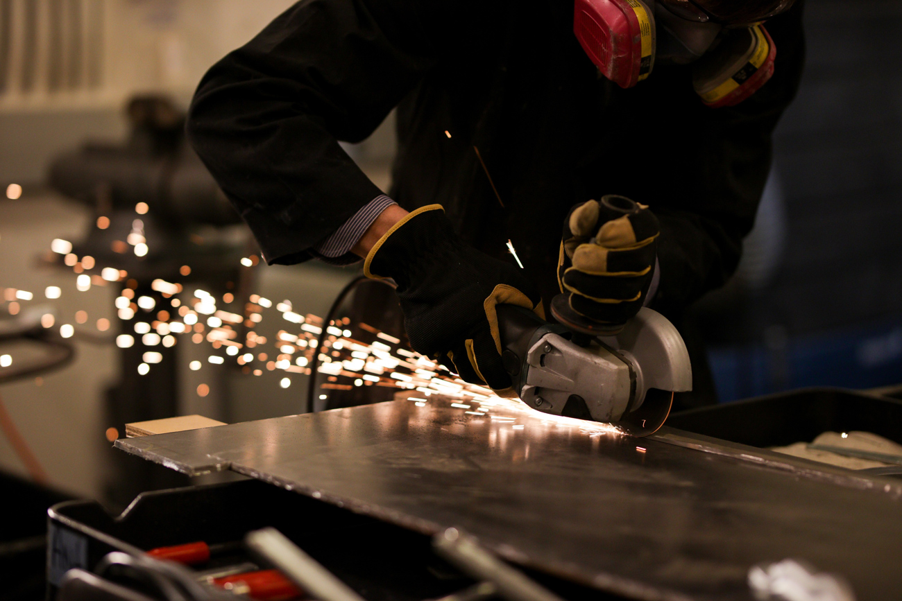 Sparks fly in the metal shop at the Getty Villa.