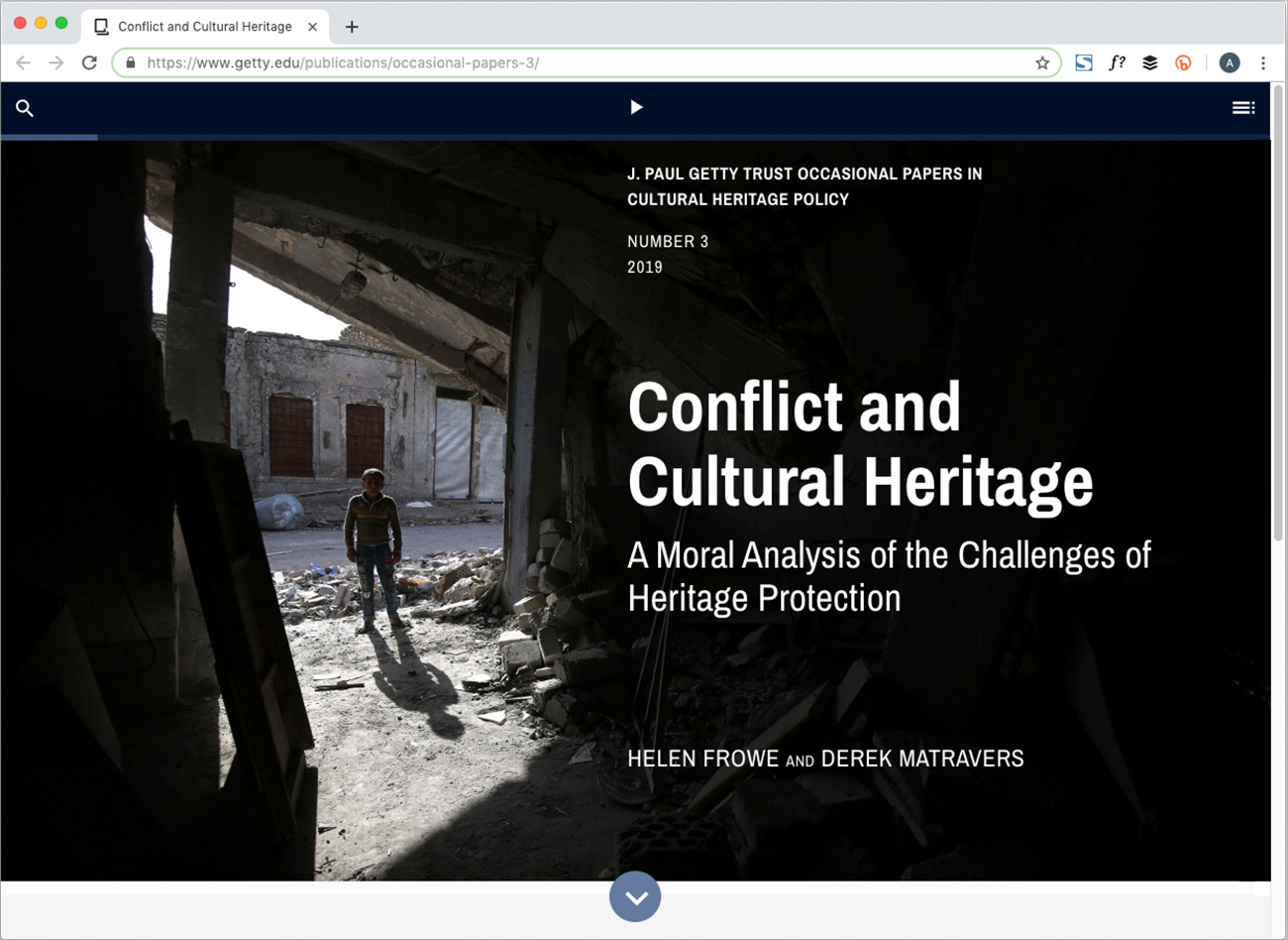 Screencap of the homepage for Conflict and Cultural Heritage, showing a photo of a boy in a dark doorway amidst the rubble of war