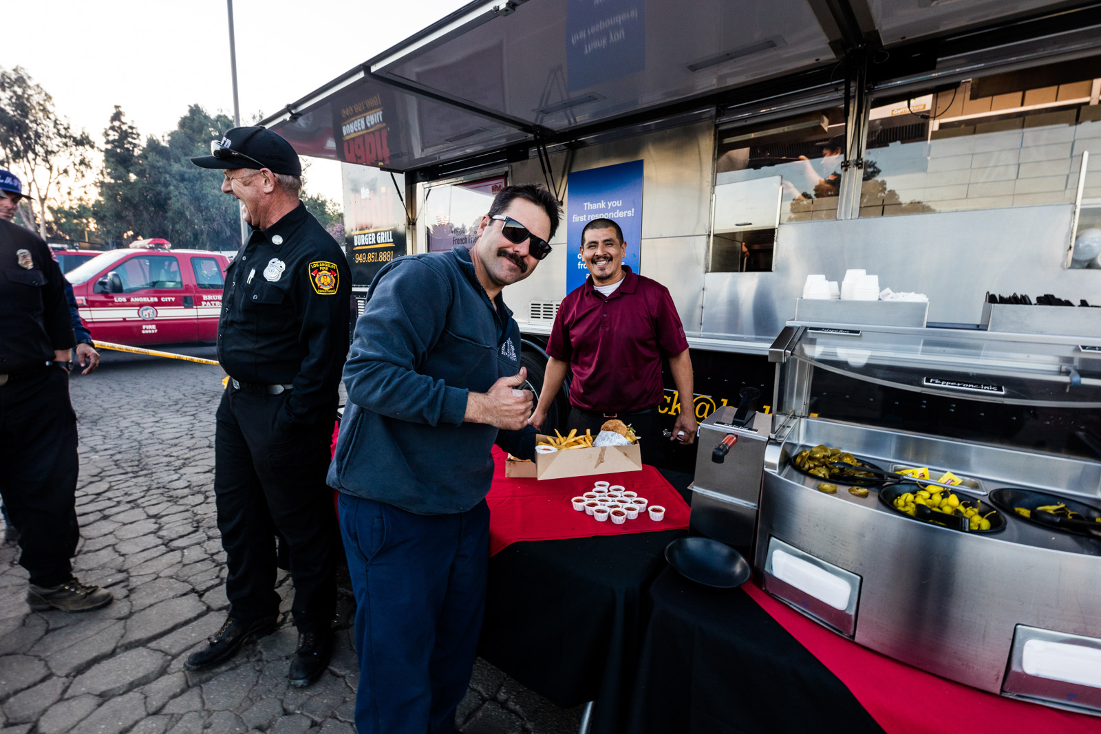 As a small token of appreciation, Getty offered responders dinner on Halloween from a food truck dispatched to the response staging area at the nearby Jackie Robinson Stadium. As a small token of appreciation, Getty offered responders dinner on Halloween from a food truck dispatched to the response staging area at the nearby Jackie Robinson Stadium.
