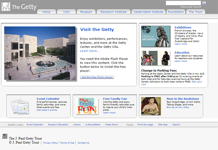 The Getty.edu home page in 2009.