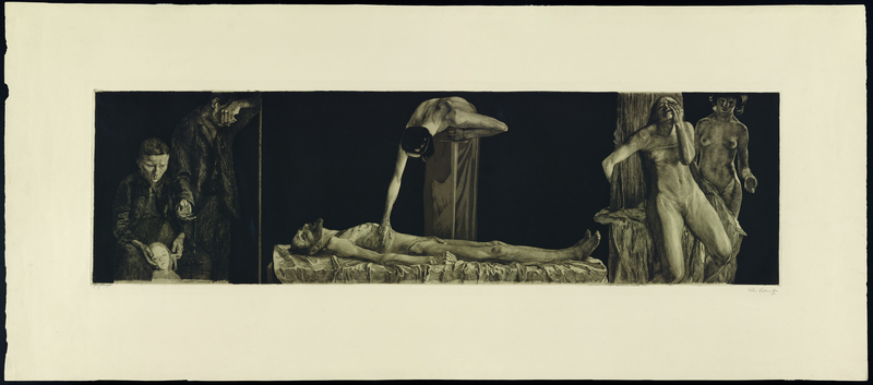 The Downtrodden, before May 1900, Käthe Kollwitz. Etching, drypoint, aquatint, and burnisher in black ink on copperplate paper, 17 7/8 x 41 in. Getty Research Institute, 2016.PR.34. Partial Gift of Dr. Richard A. Simms