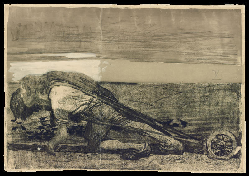 The Ploughmen, before mid-January 1907, Käthe Kollwitz. Etching, drypoint, aquatint, lift ground, sandpaper, needle bundle, and soft ground with the imprint of Ziegler’s transfer paper, printed in black ink on copperplate paper, and reworked with graphite, chalk, gray wash, and off-white gouache, 11 15/16 × 17 11/16 in. Getty Research Institute, 2016.PR.34. Partial Gift of Dr. Richard A. Simms