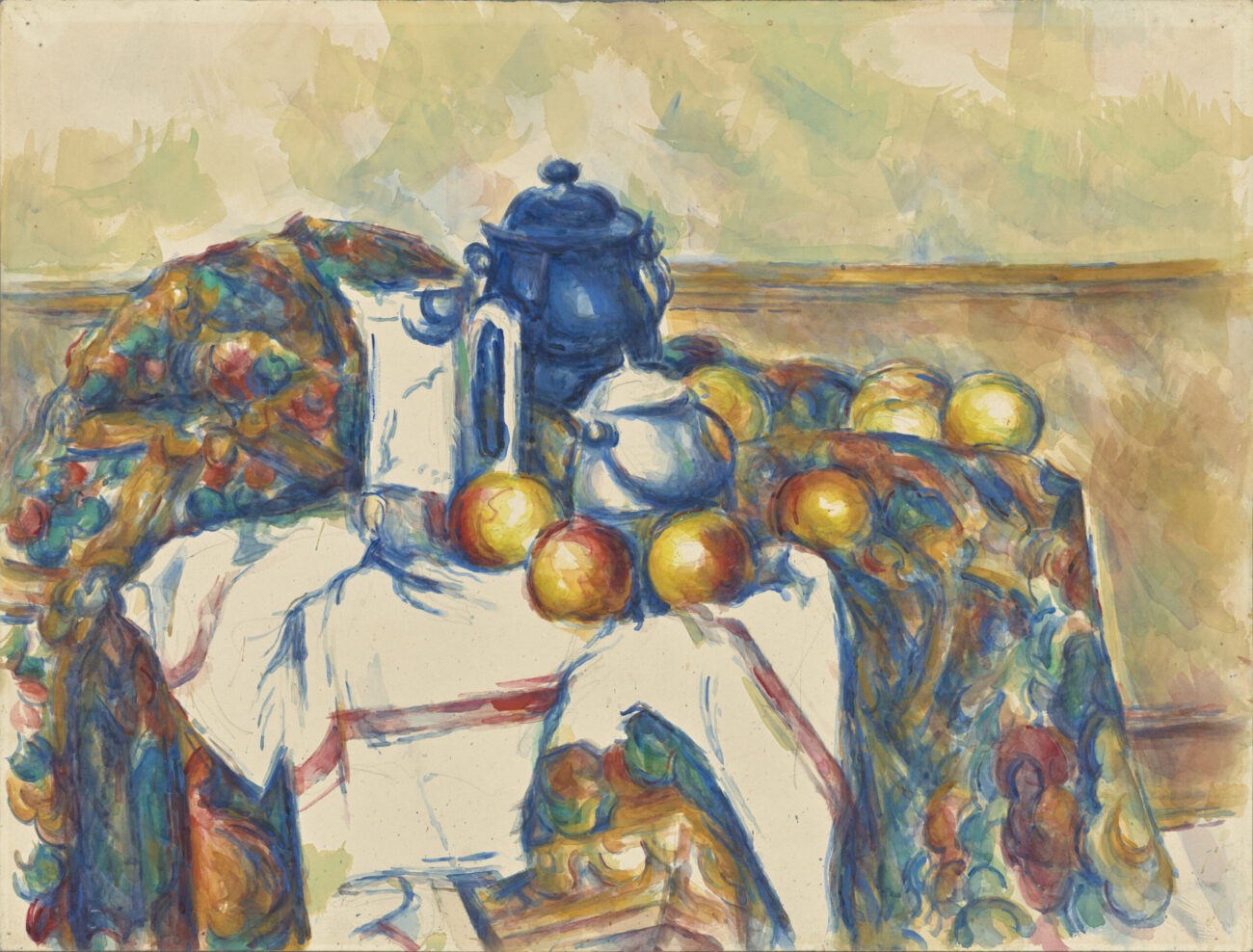 Cezanne watercolor of a blue teapot with oranges