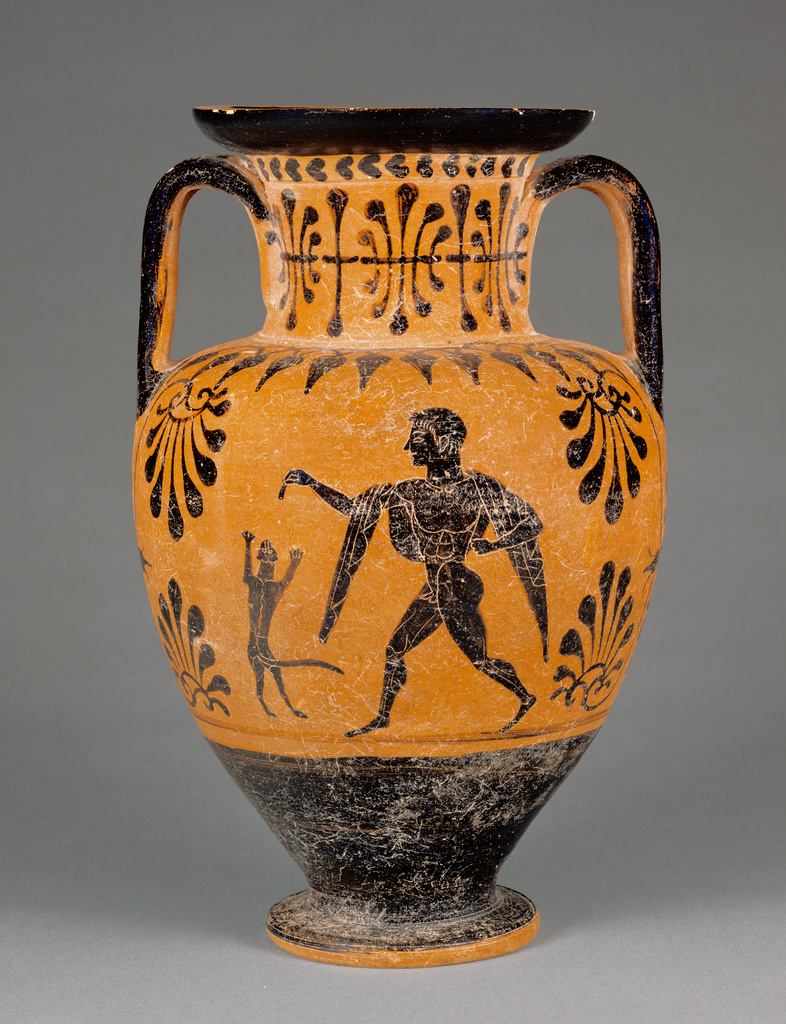 Two-handled vase with figure of man holding something out to a cat.