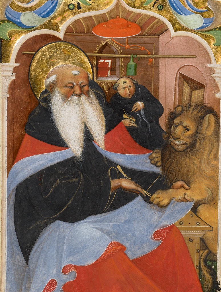 St. Jerome wears a red cape over black robes as he holds the paw of a lion on the right. A monk looks on from behind while holding a cup of soup.