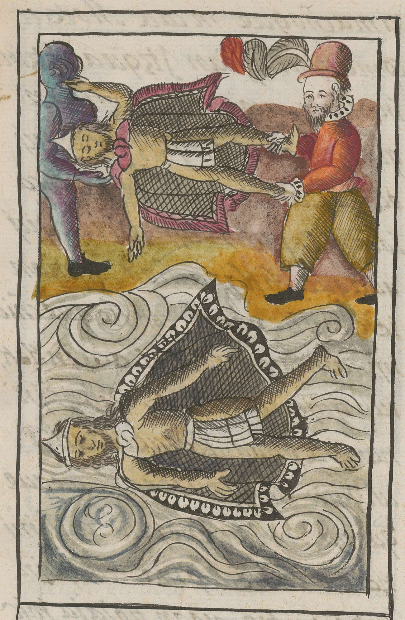 A person in a red hat, red shirt and tan trousers helps carry a body with a loincloth and cape to the river. There is another caped body already in the river.