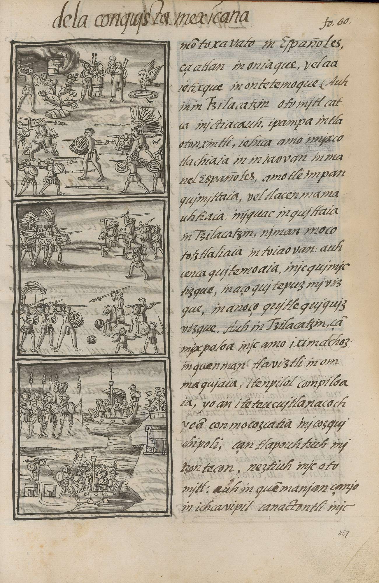A page with text on the right and illustrations on the left of indigenous people fighting against armored people on horses and in boats.