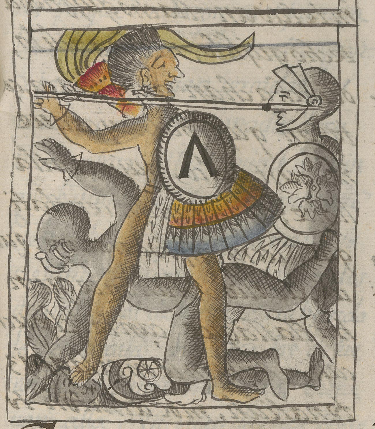 A colorful man wearing a loincloth and carrying a spear and shield fights a helmeted soldier in black and white. Fallen bodies are behind and beneath them.